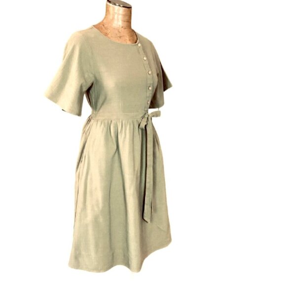 Polagram Cotton Dress Button Top A-Line Minimalist Sz M Khaki-Beige 295A - Picture 4 of 10
